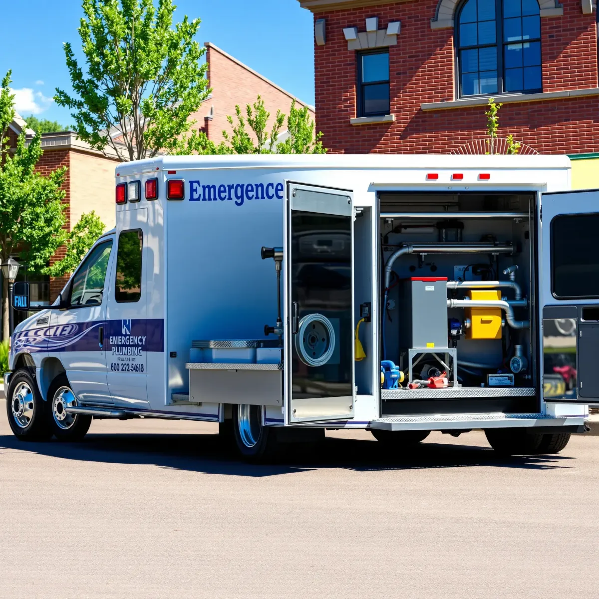 Pristine emergency plumbing truck with branding, parked in Georgetown, CO, near historic buildings and lush mountain scenery.