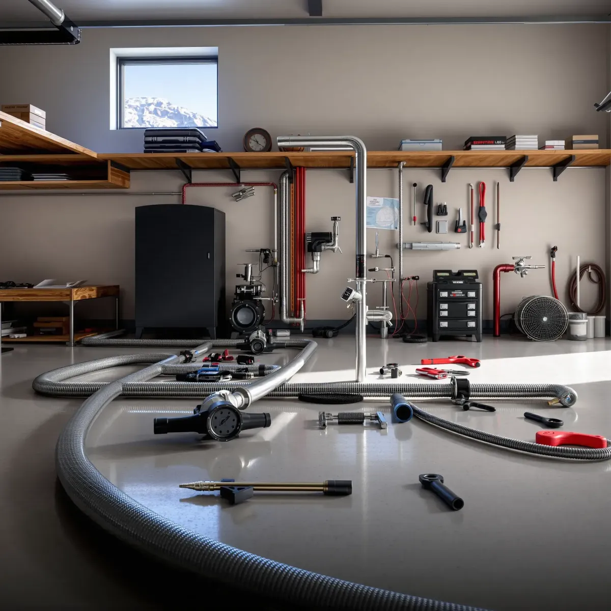 Emergency plumbing setup in Eagle, CO with stainless steel pipes, fixtures, tools, and mountain view.