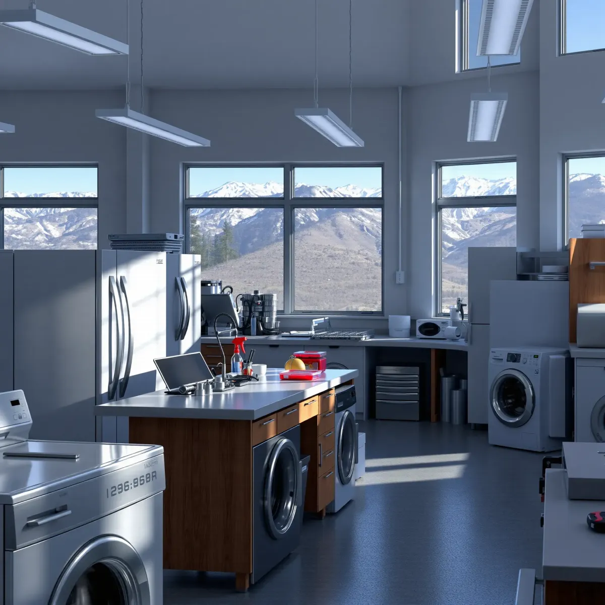 Clean, organized appliance repair workshop in Breckenridge, CO with high-end tools, modern equipment, and mountain views.
