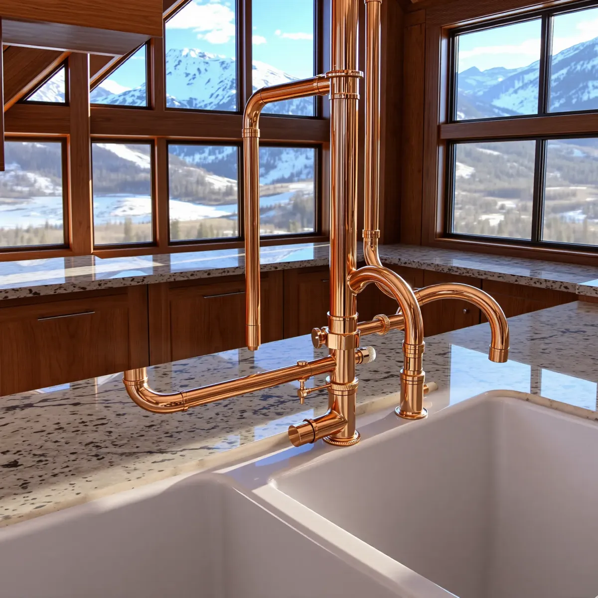 A high-end mountain home in Bachelor Gulch, CO, showcasing pristine copper plumbing, modern fixtures, and scenic mountain views.