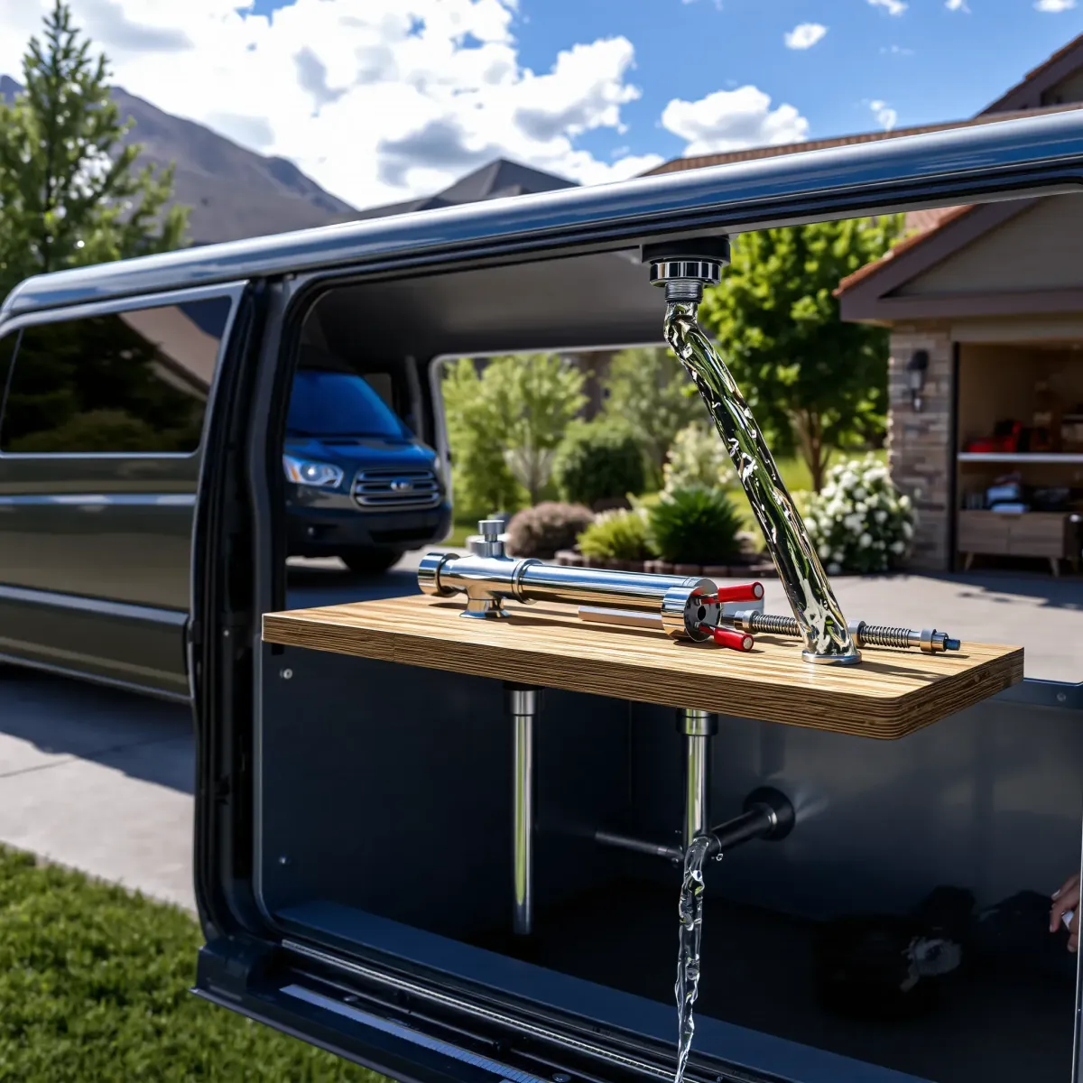 Emergency plumbing truck outside Basalt home with shiny fixtures, organized tools, mountain backdrop, emphasizing local expertise.