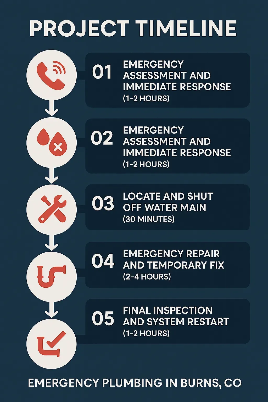 Infographic showing 5-step emergency plumbing timeline in Burns, CO: response, water shutoff, repair, inspection.