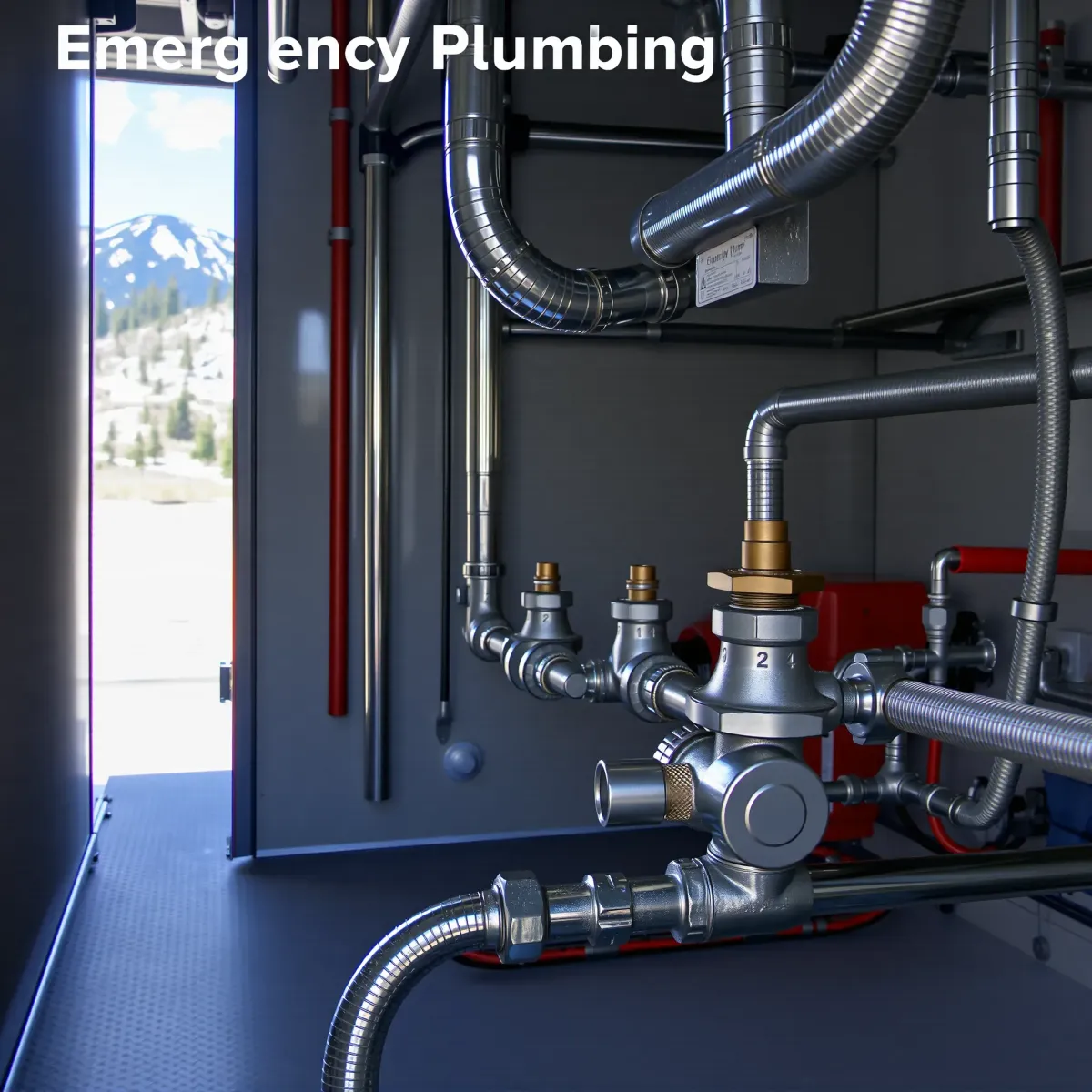 Emergency plumbing setup in Dillon, Colorado, with galvanized steel pipes, shut-off valves, and durable fittings.