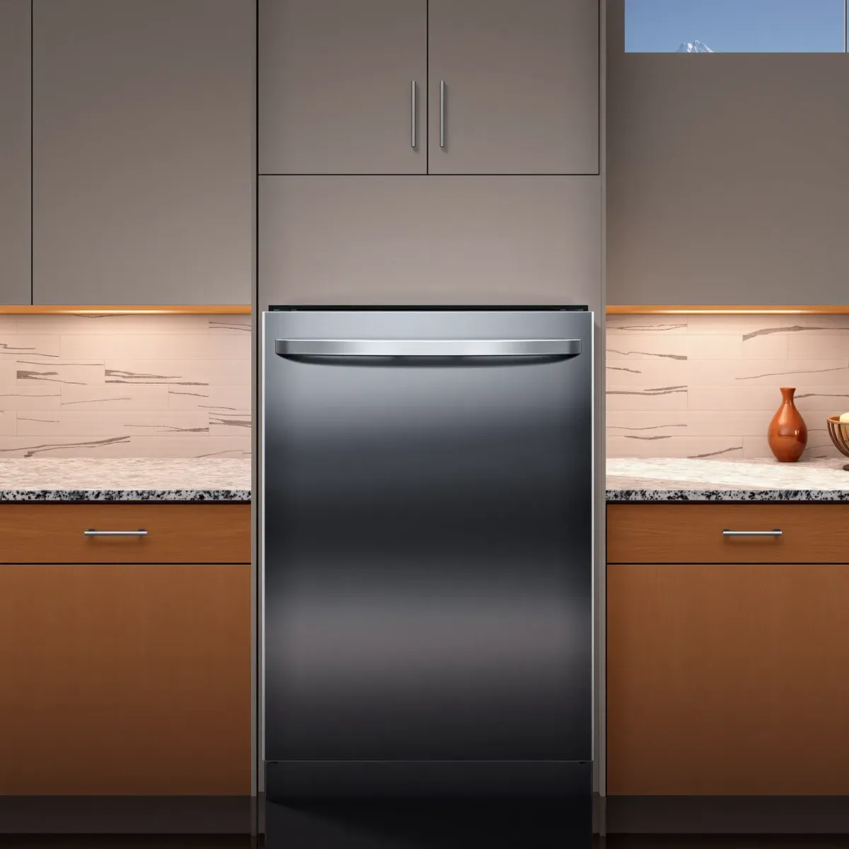 Pristine stainless steel dishwasher integrated in a modern kitchen with granite countertops, wooden cabinets, and mountain-inspired decor.
