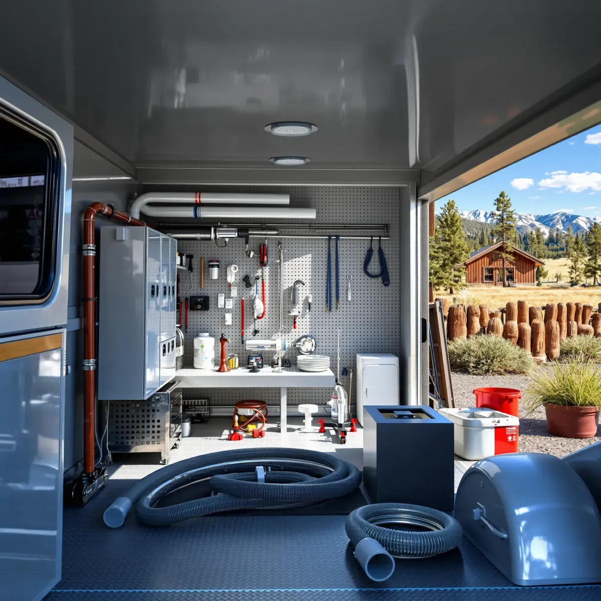 Emergency plumbing service vehicle outside Rustic Fairplay, CO building with tools and Colorado mountain scenery.