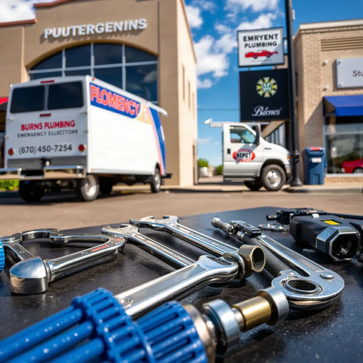 Burns, CO emergency plumbing service with a branded truck, tools, and a professional storefront on a quiet, tidy street.