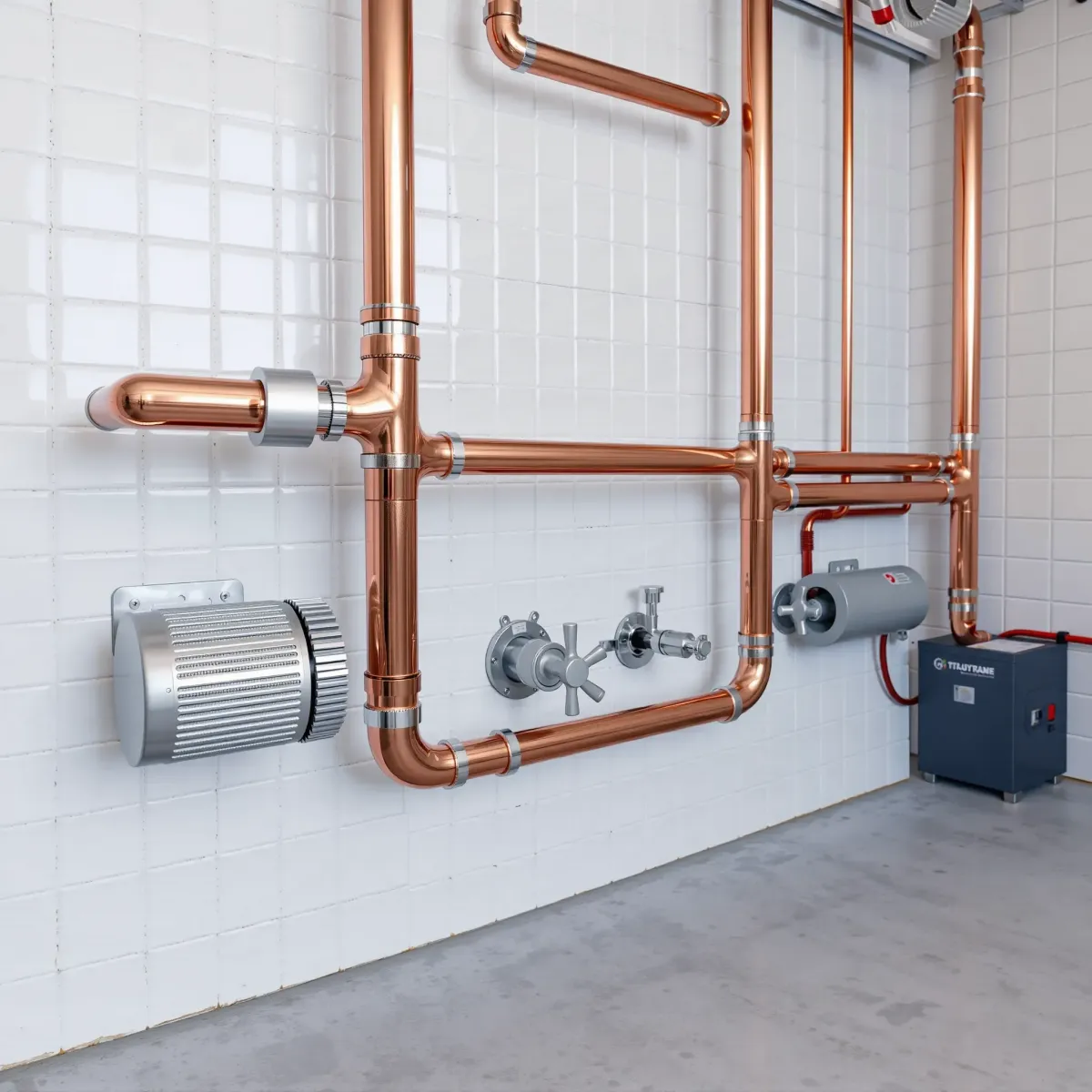 Completed emergency plumbing with polished copper pipes and fixtures in a tidy, well-lit utility room in Gypsum, CO.
