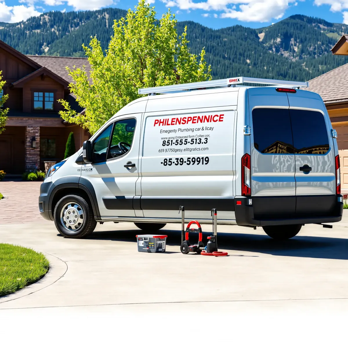 Emergency plumbing service van parked in front of a home in Edwards, CO, with mountain scenery and neatly arranged tools.