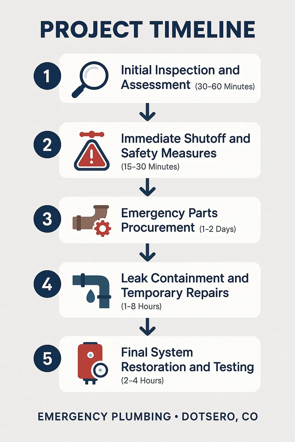 Infographic showing 5-step emergency plumbing timeline in Dotsero, CO: inspection, shutoff, parts, repairs, restoration.