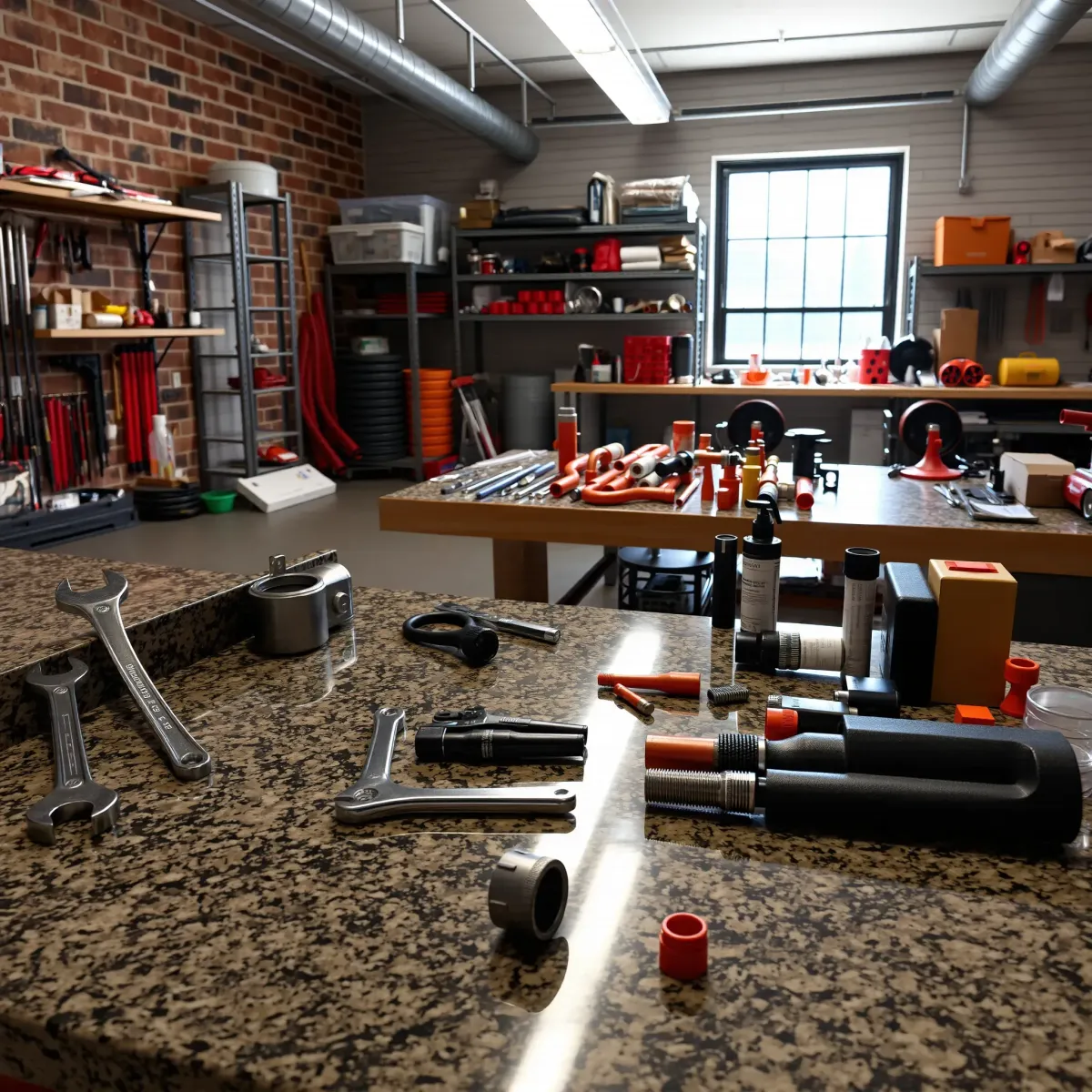 Organized Idaho Springs plumbing workshop with tools, fittings, copper pipes, PVC, and industrial decor for professional service.