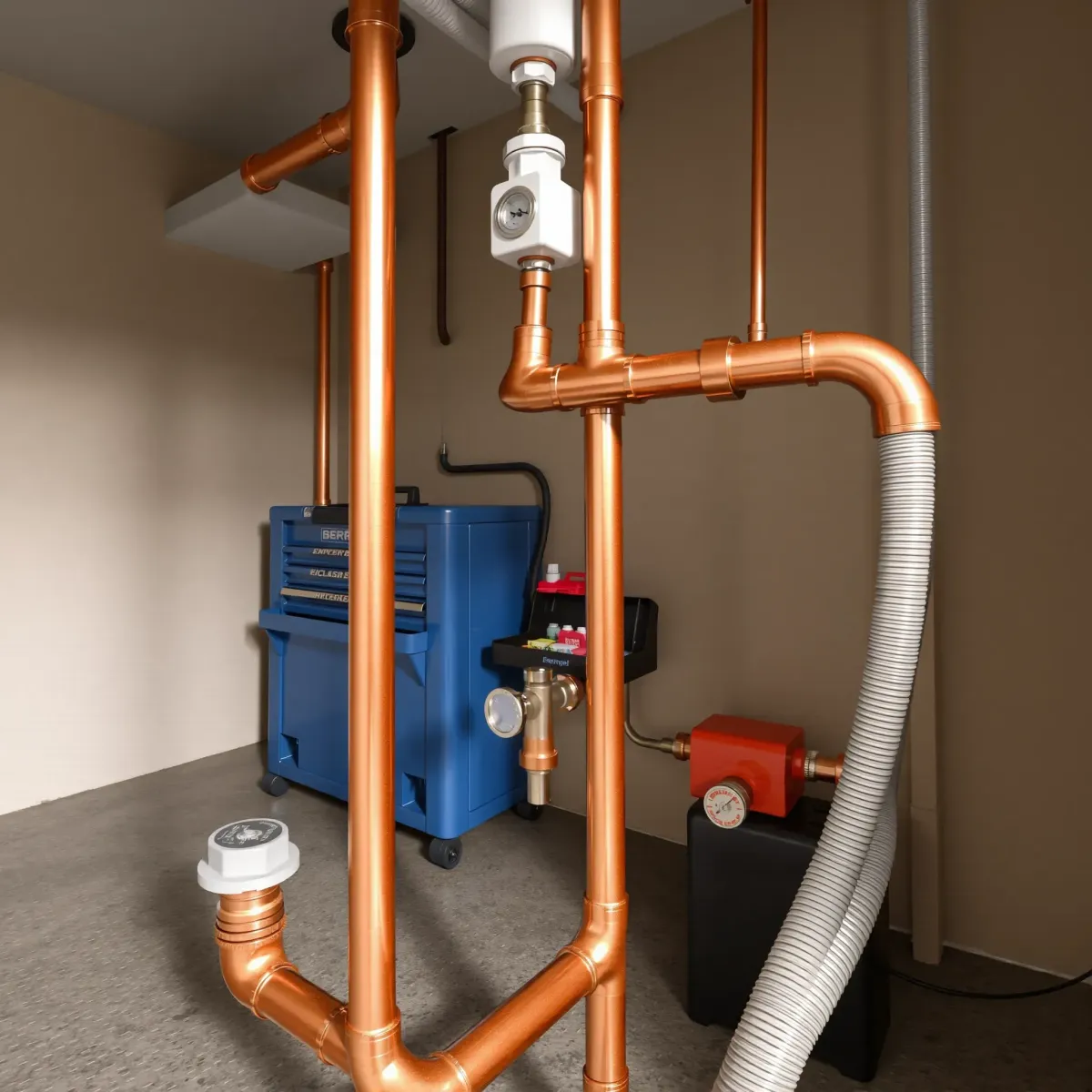 Repaired, polished copper plumbing system in a clean utility room with organized tools, reflecting plumbing expertise.
