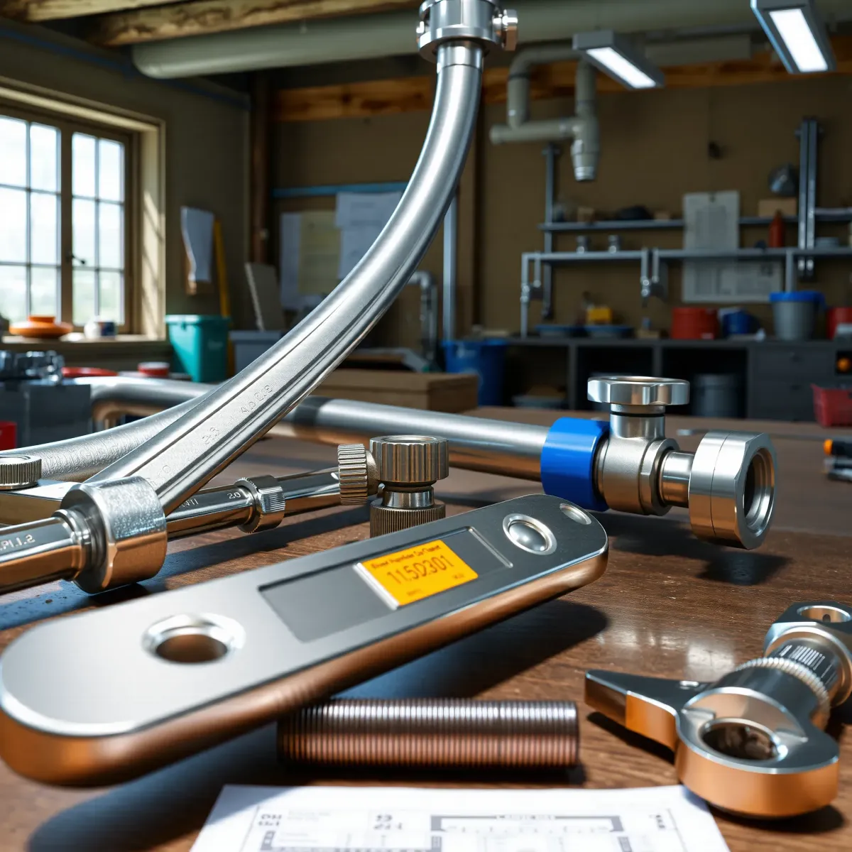Clean, organized emergency plumbing setup in Old Snowmass, CO with tools, repaired pipes, and bright workshop interior.