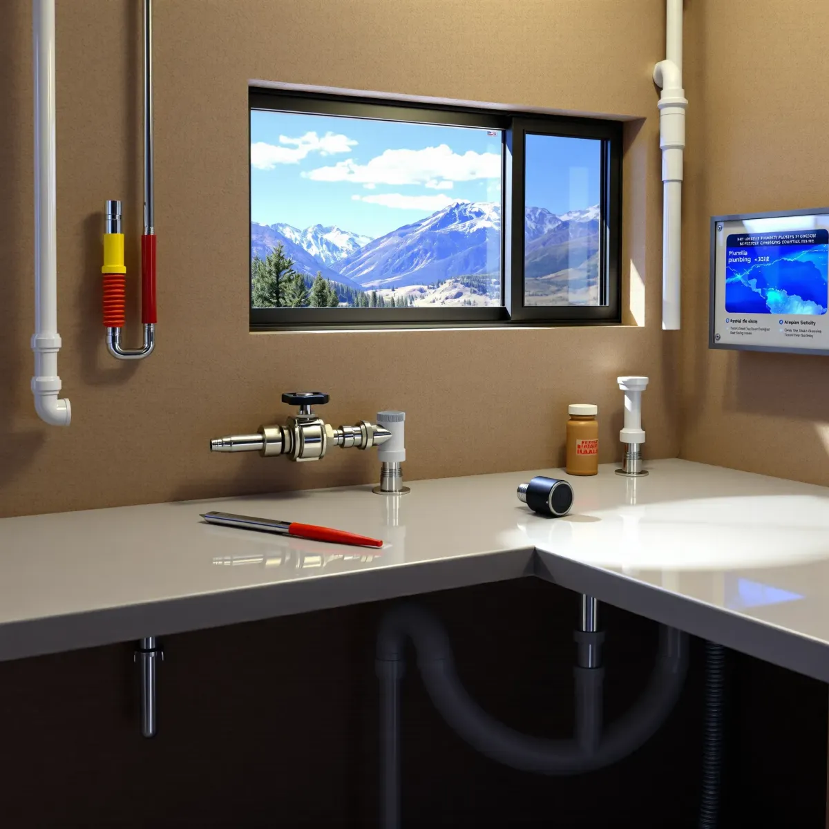 Perfectly completed emergency plumbing setup in Basalt, CO with pristine pipes, valves, fittings, and mountain views.
