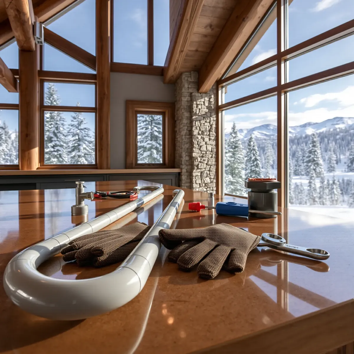 Completed emergency plumbing repair in Bachelor Gulch, CO with organized tools, pipes, and mountain cabin interior.