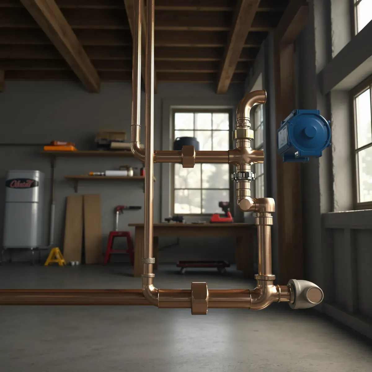 Professionally installed copper plumbing system in a rustic workshop with tools, wooden beams, and natural lighting.
