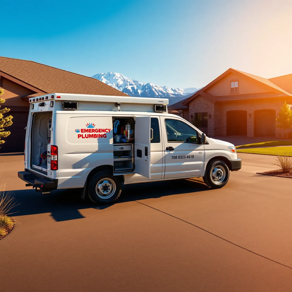 Emergency plumbing service vehicle parked in front of a home in Alma, CO with mountain scenery and professional tools.