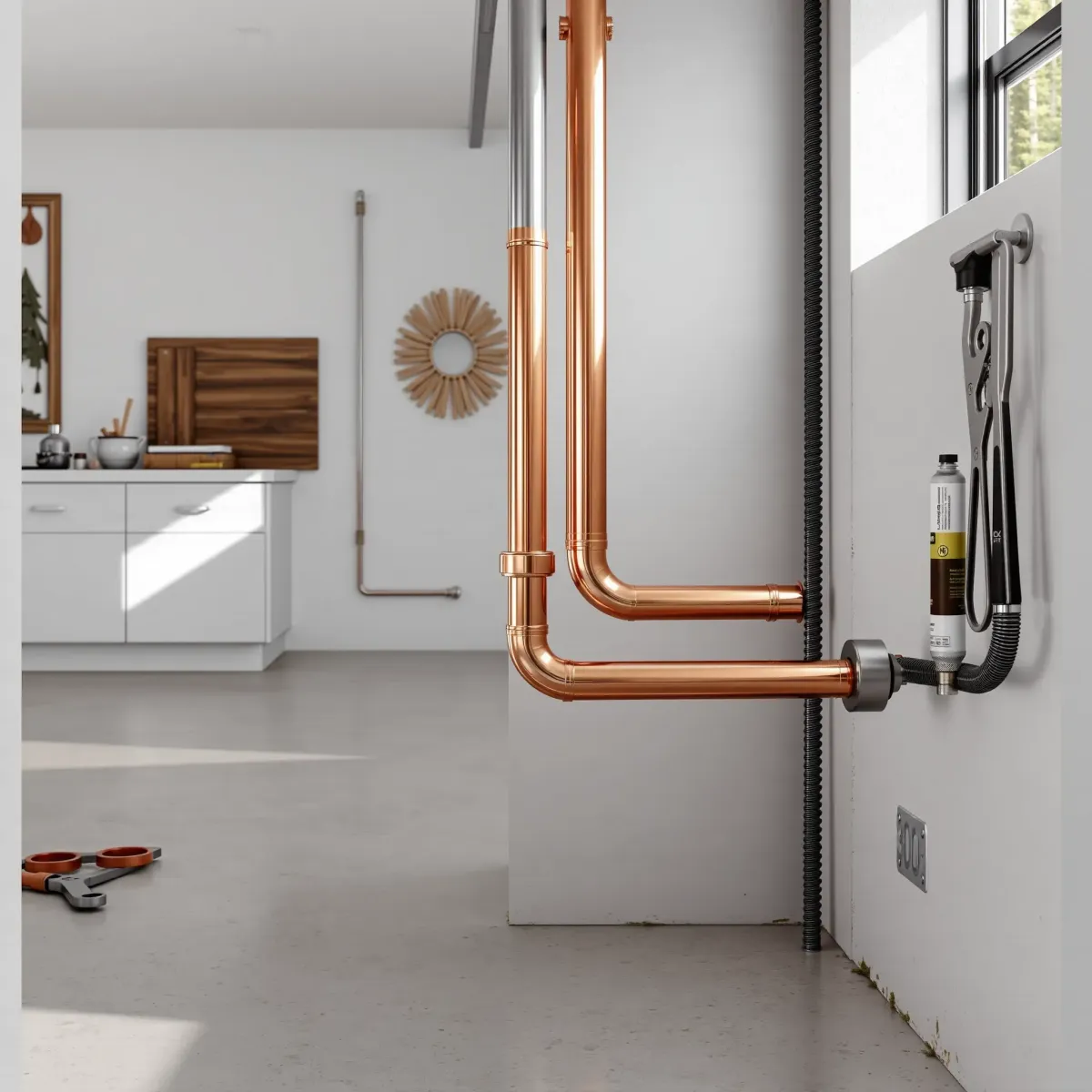 Emergency plumbing repair in Wildernest, CO with copper pipes, organized tools, and mountain-inspired interior decor.