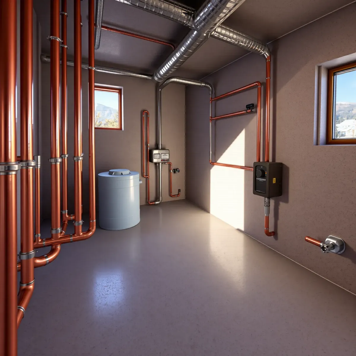 Completed emergency plumbing installation in Montezuma, CO with copper pipes, modern fixtures, and organized utility room.