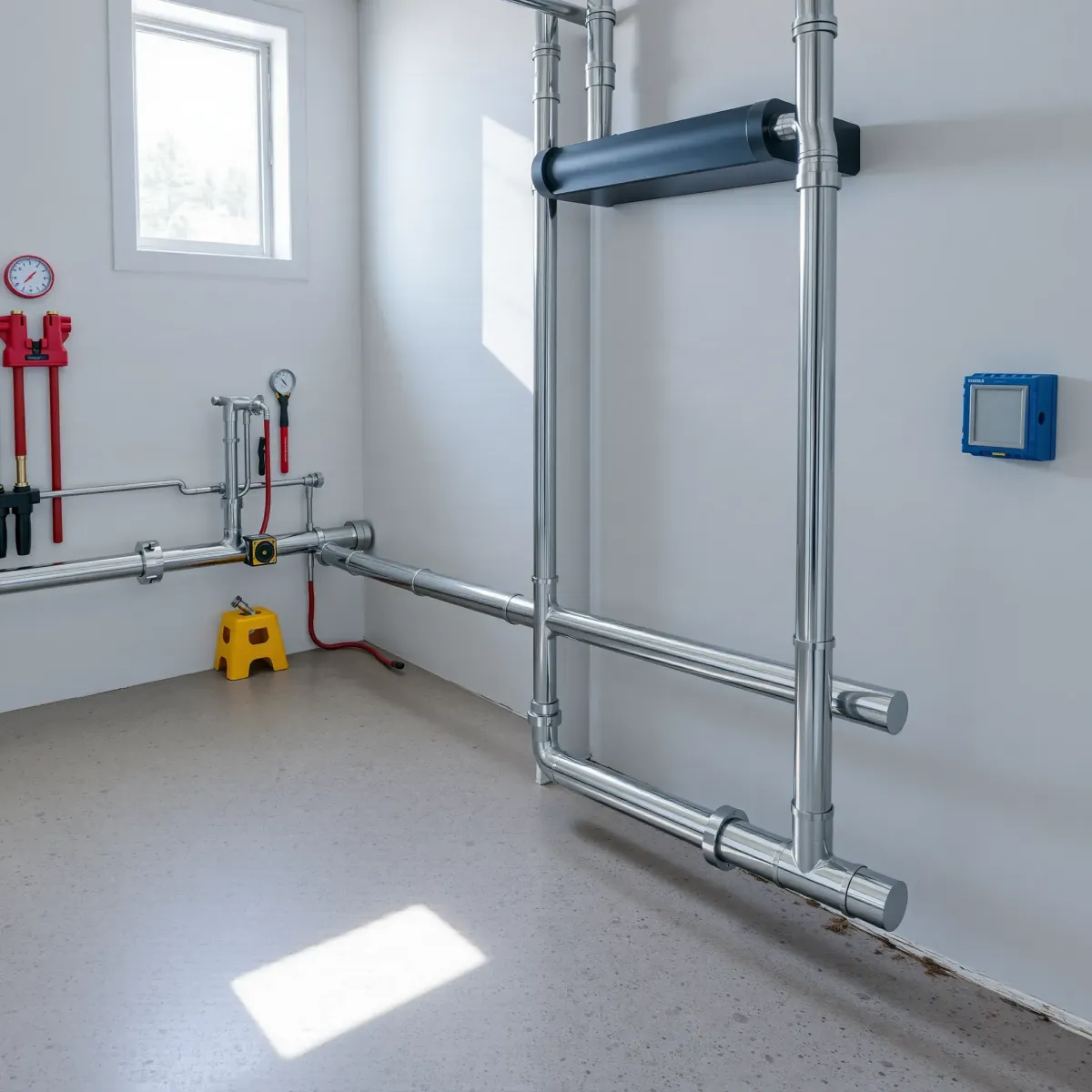 Completed emergency plumbing scene in Minturn, CO featuring polished stainless steel pipes, fixtures, and organized tools.