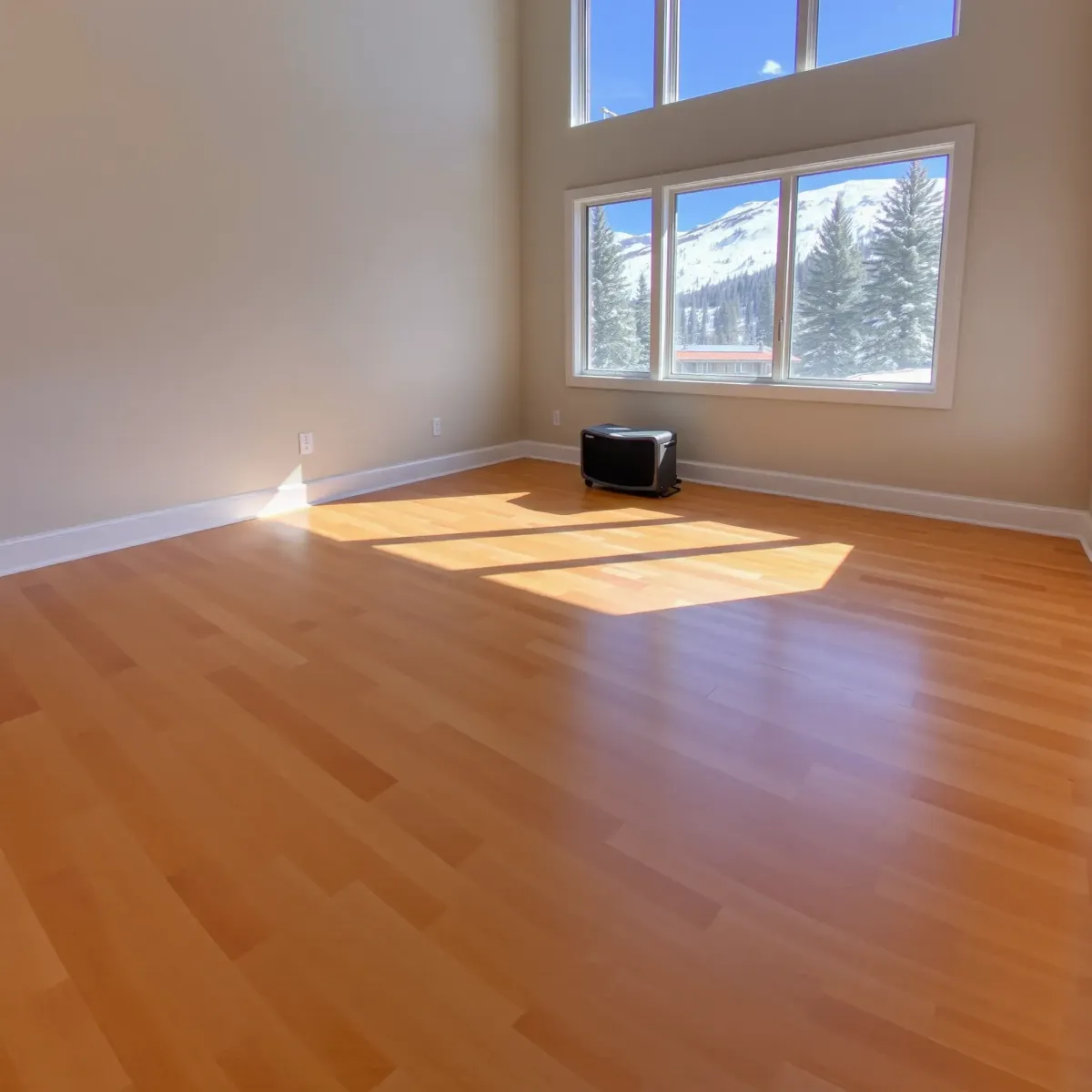 Restored Breckenridge living room with shiny hardwood, neutral walls, scenic mountain view, and professional water damage repair.