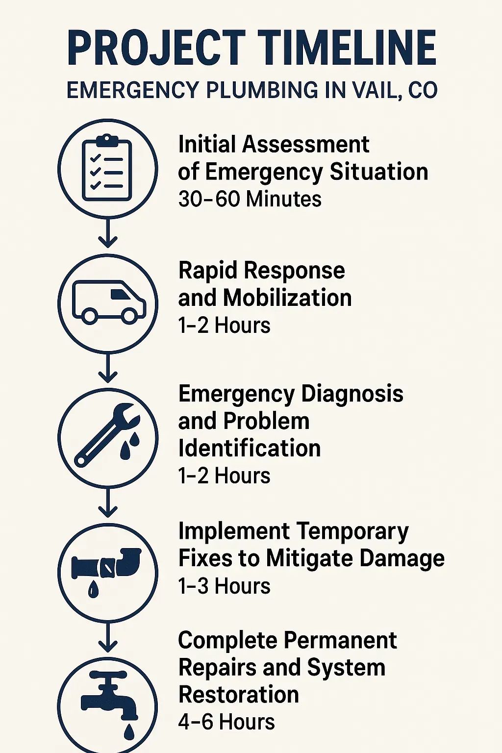Infographic detailing 5-step emergency plumbing timeline in Vail, CO: assessment, response, diagnosis, fixes, repairs.