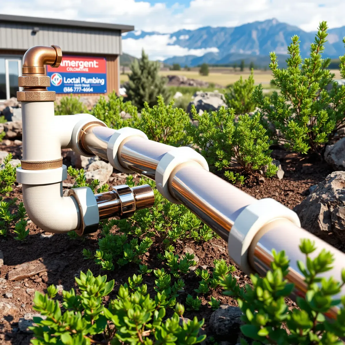 Freshly completed outdoor plumbing repair in Montezuma, CO with copper pipes, modern fixtures, and Colorado mountain scenery.