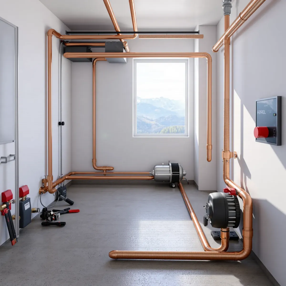 Completed emergency plumbing system in Gypsum, CO show polished copper pipes, durable fittings, tools, and scenic mountain views.