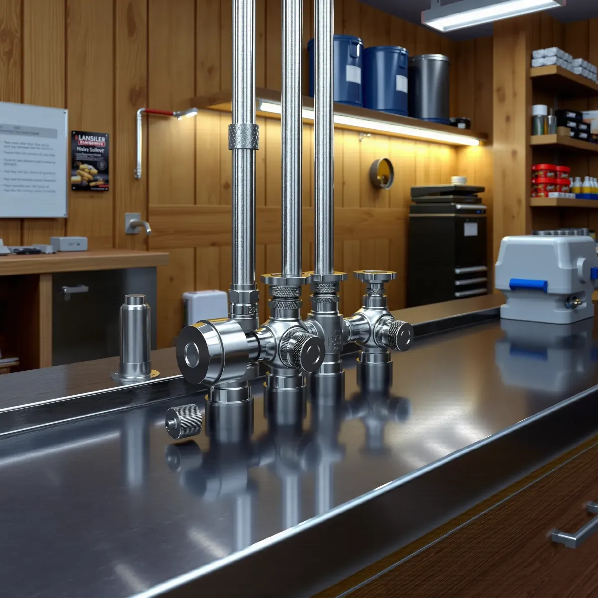 Modern plumbing tools and stainless steel pipes on a workshop counter in Silver Plume, CO, with organized shelves and wooden walls.