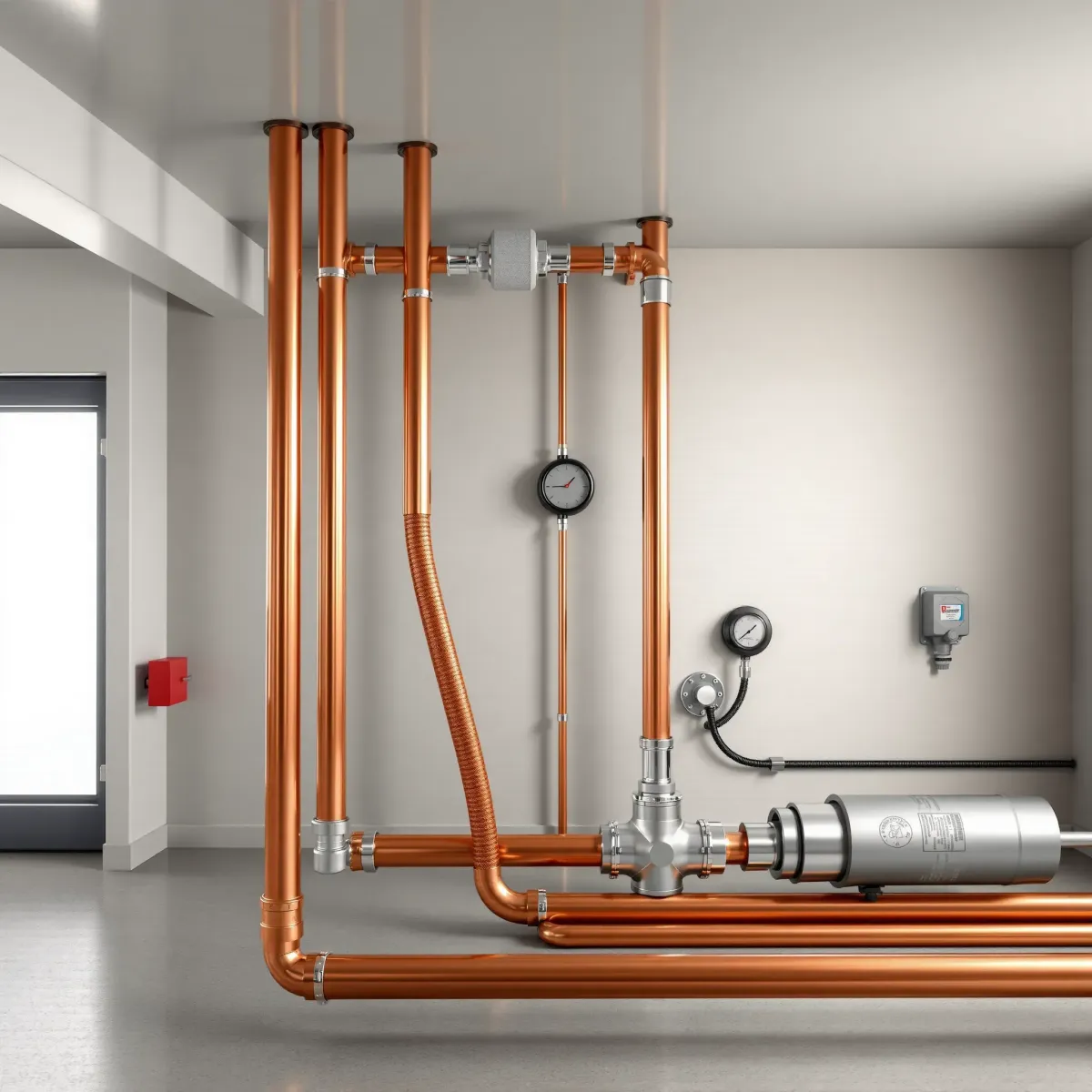 Pristine residential emergency plumbing system with copper pipes, stainless steel fixtures, and organized utility space.