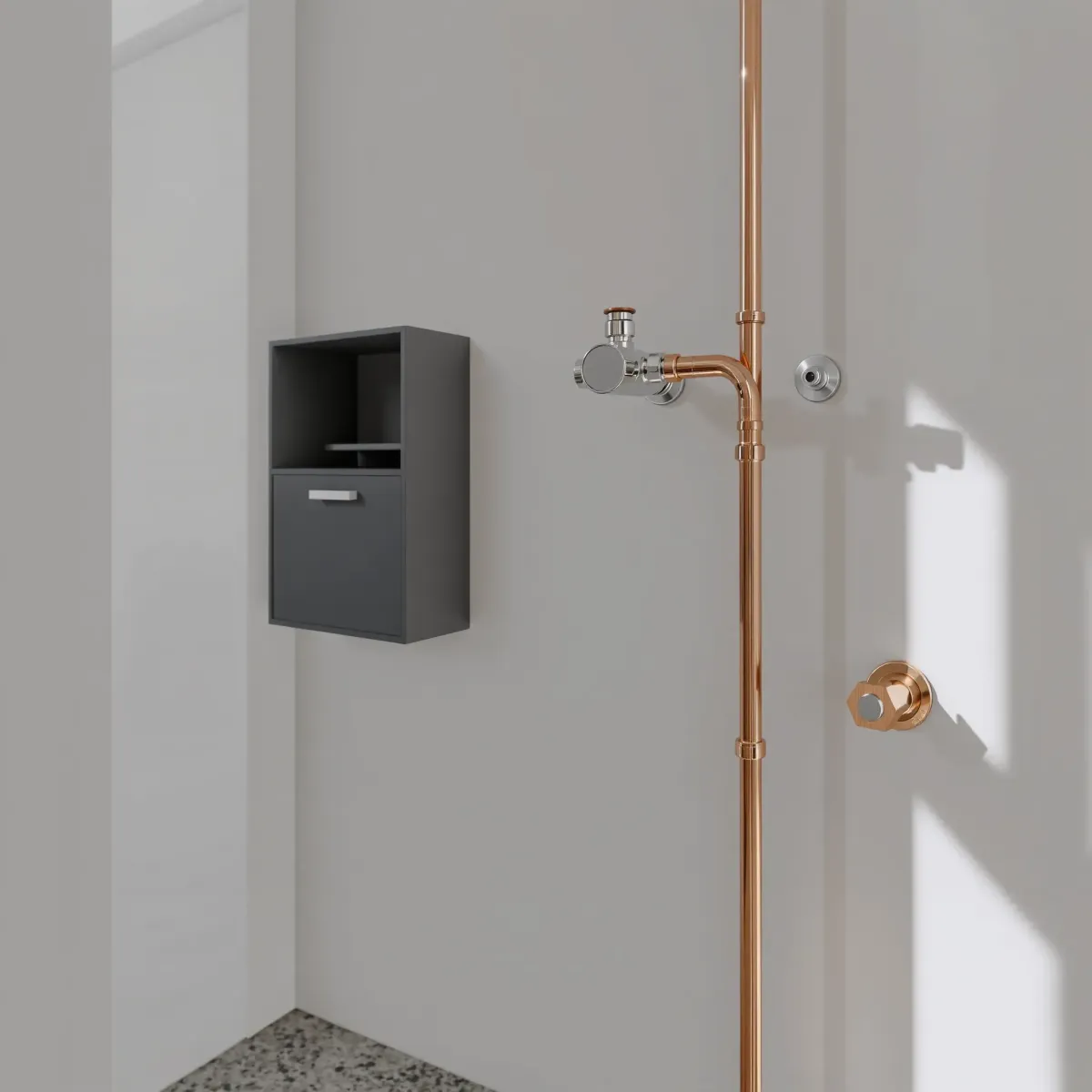 Pristine copper plumbing with modern valves in a tidy, well-lit utility room in Edwards, CO, highlighting craftsmanship and professionalism.