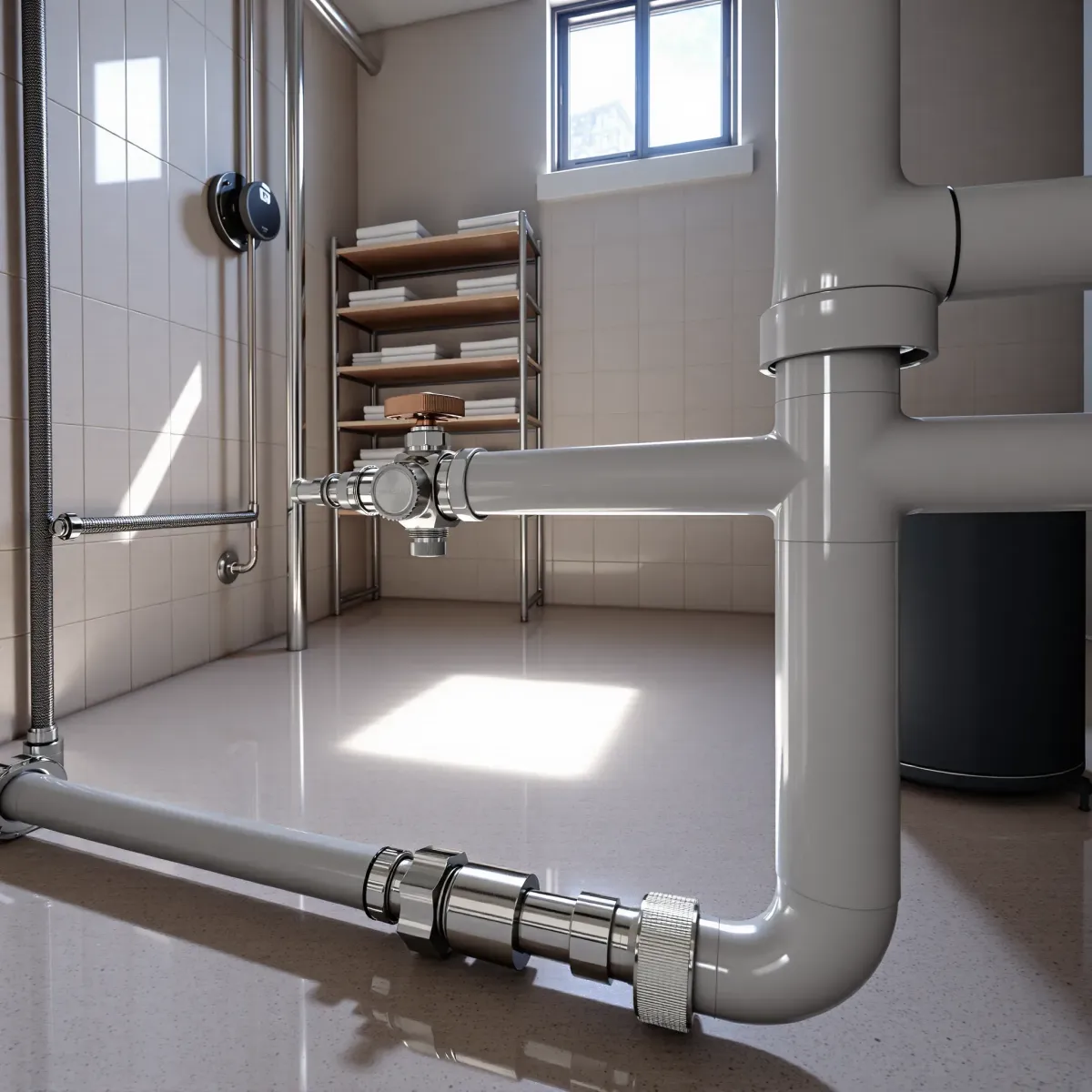 Completed emergency plumbing installation in Beaver Creek, CO with stainless steel pipes, valves, fittings, and organized utility space.