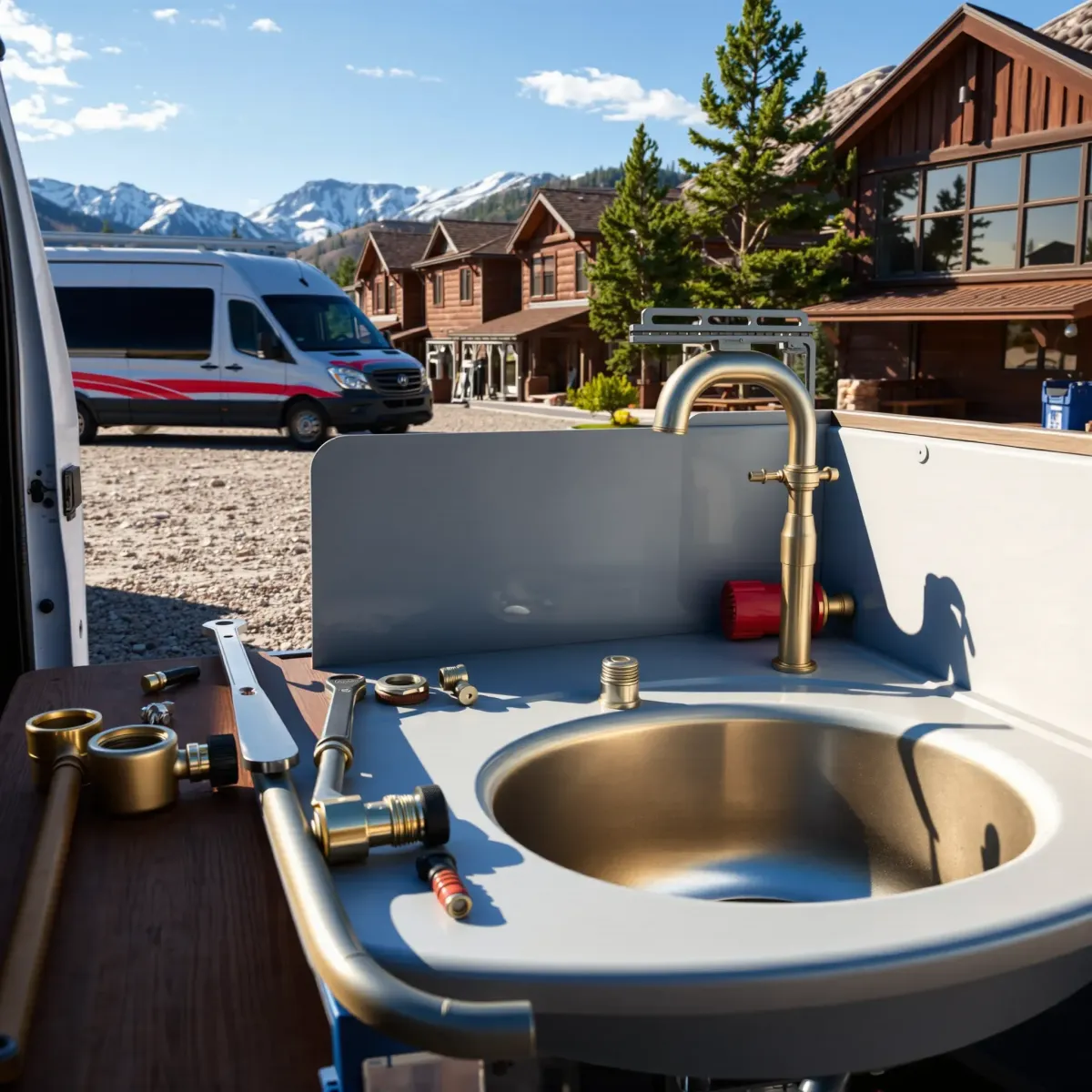 Emergency plumbing scene in Wolcott, CO with a service van, mountain backdrop, organized tools, and new sink fixtures.