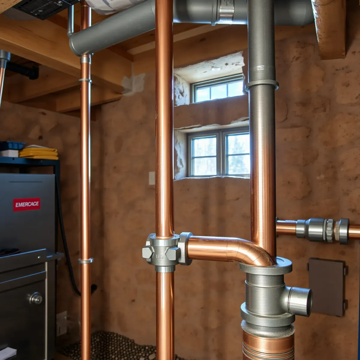 Fresh completed emergency plumbing with copper pipes, fittings, tools, rustic mountain lodge basement, natural light, Colorado.