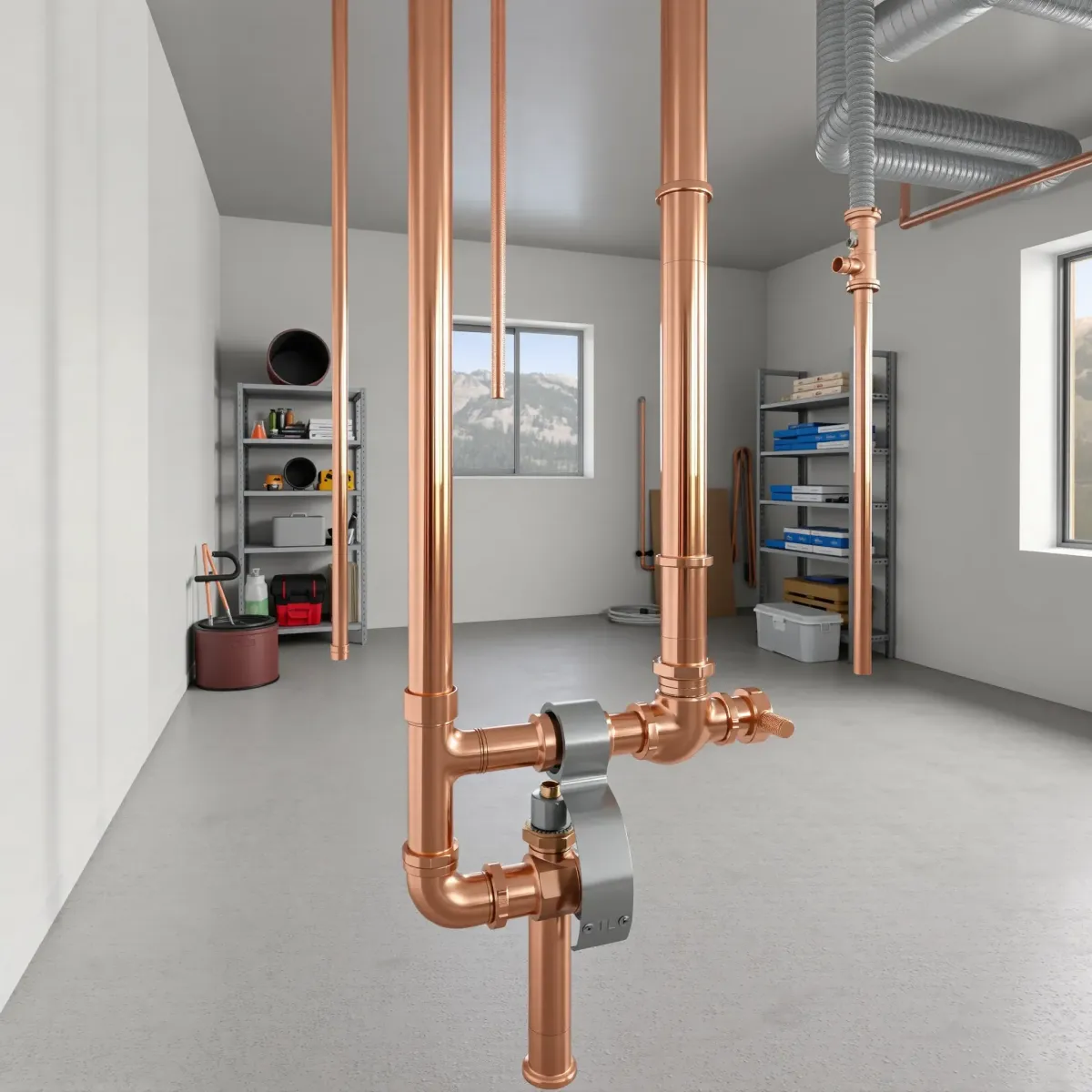 Emergency plumbing system with polished copper pipes and fittings in a clean, organized Idaho Springs utility room.