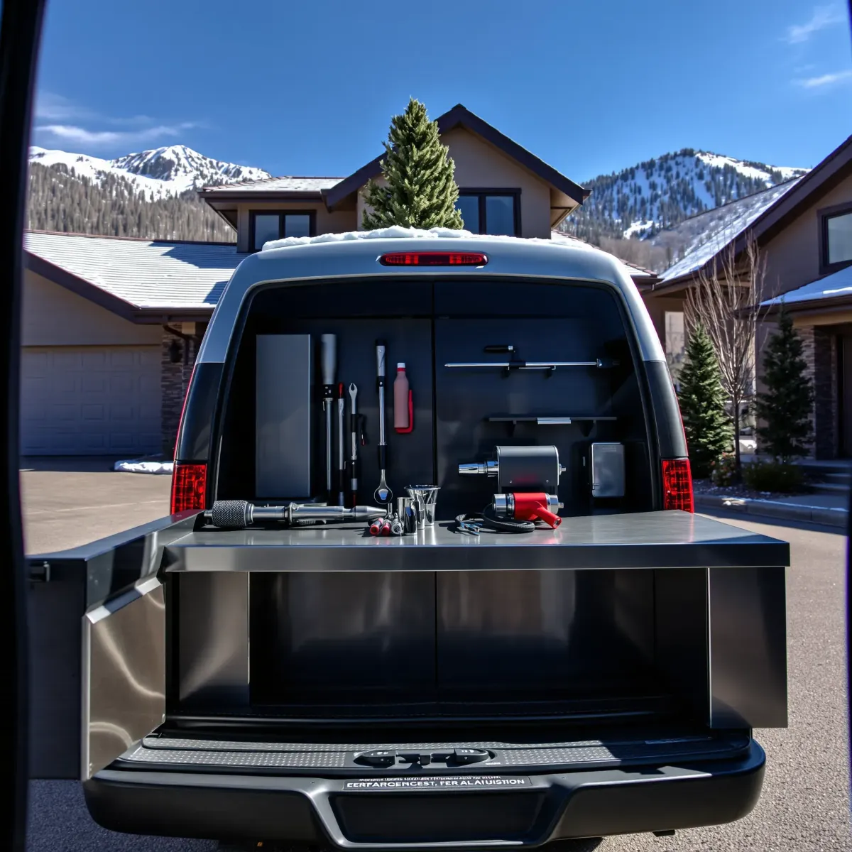 Emergency plumbing van with tools in Vail, Colorado, snow mountains, pine trees, and a modern home in winter.