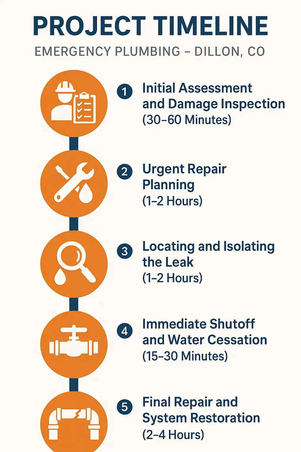 Infographic illustrating a 5-step emergency plumbing project timeline in Dillon, CO, from assessment to system restoration.