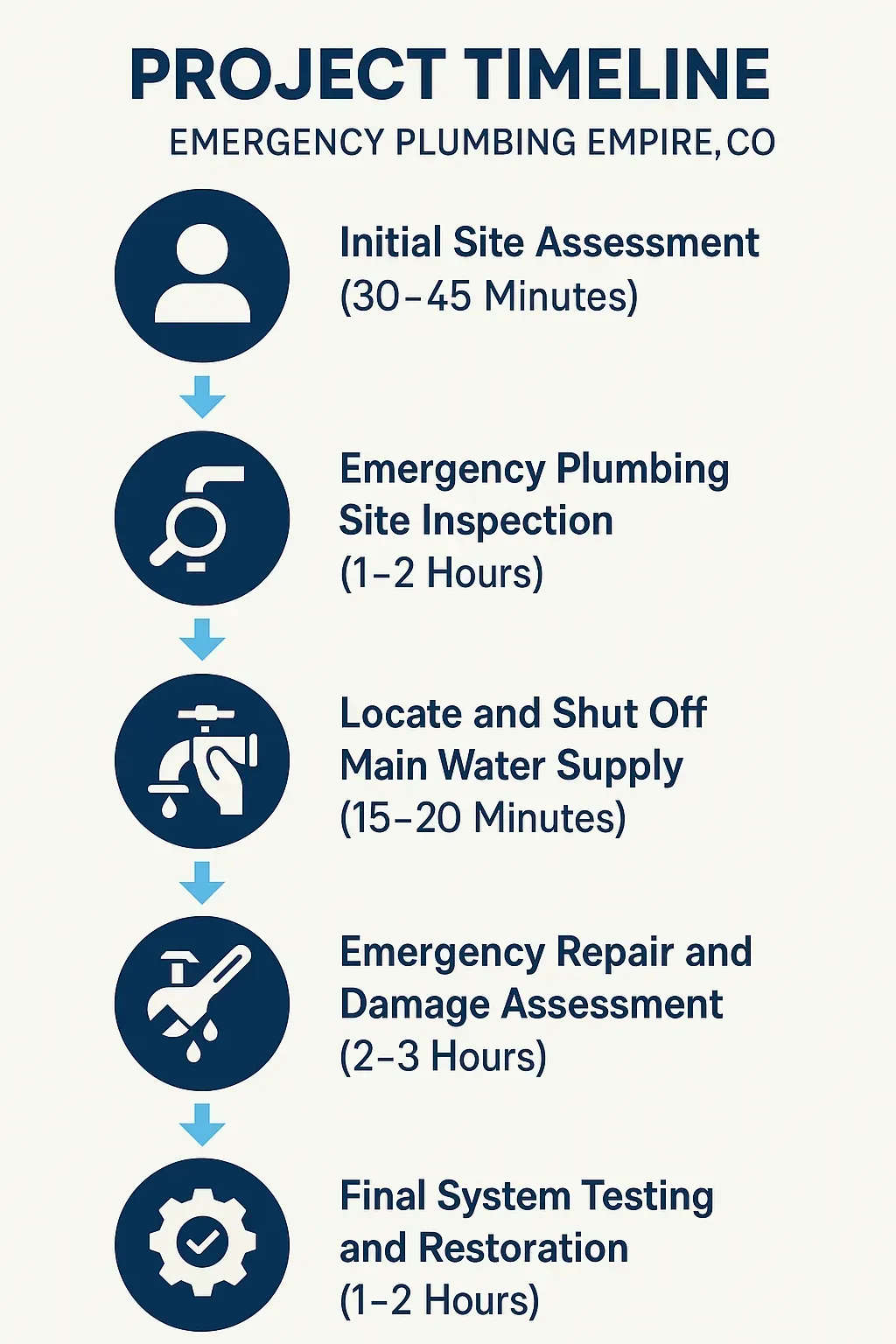 Infographic showing a five-step emergency plumbing timeline: assessment, inspection, shutoff, repair, testing in Empire, CO.