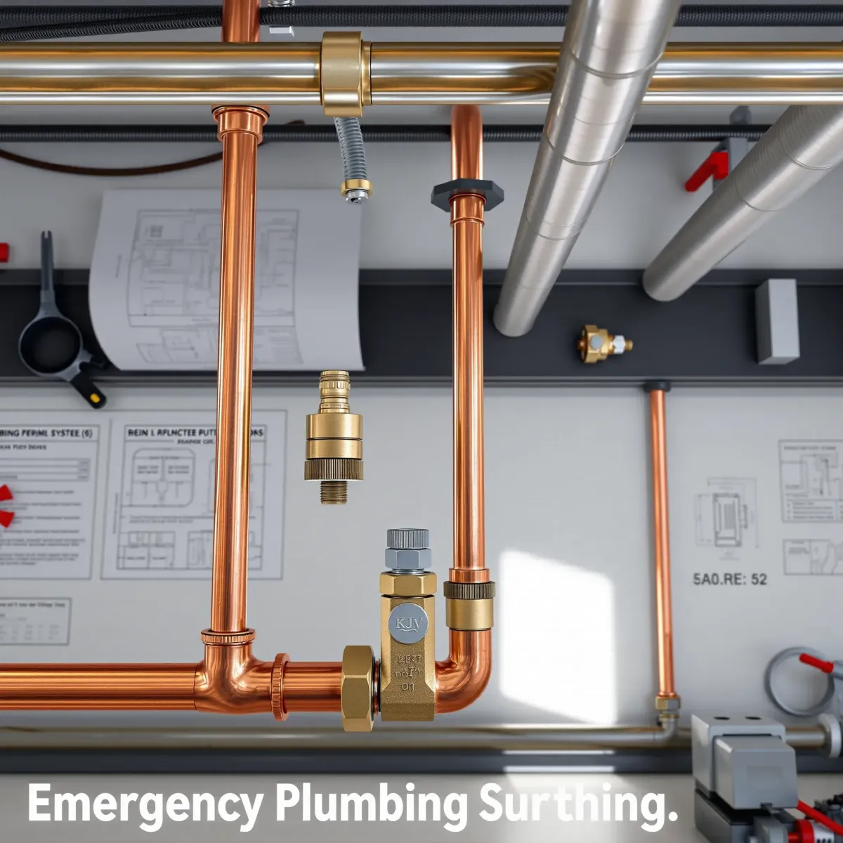 Freshly installed copper plumbing with valves and connectors in a clean, organized workshop setting emphasizing quality and expertise.