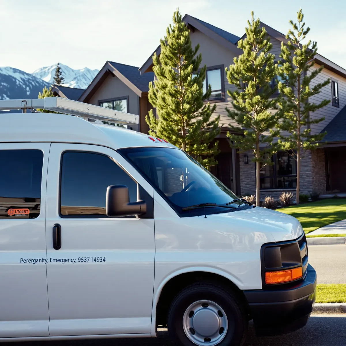 Emergency plumbing van with branding in front of a modern home in Blue River, CO, with mountain scenery and snow-capped peaks.