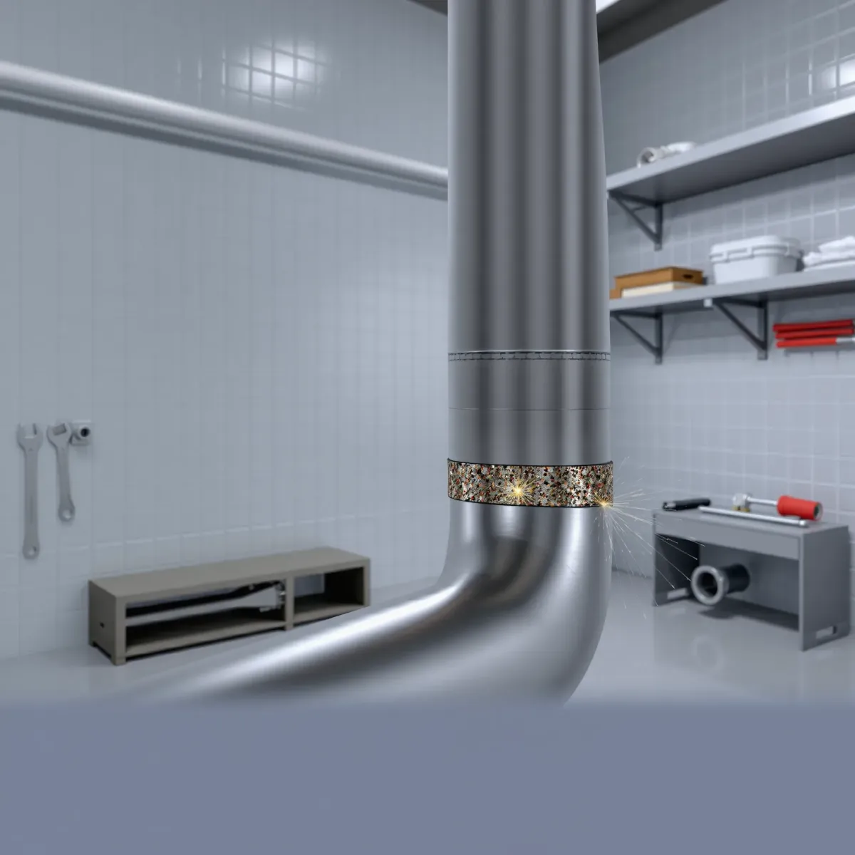 Newly repaired metallic pipe with seamless welds in a clean, modern utility room, showcasing professional pipe repair craftsmanship.