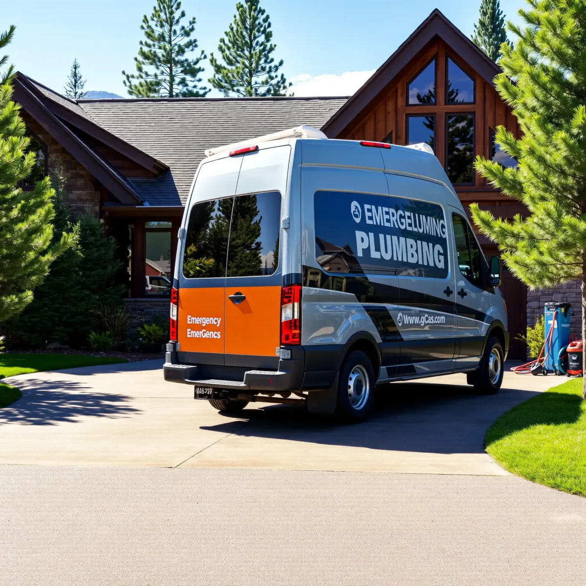 Emergency plumbing van parked in front of a rustic Colorado home with mountains, greenery, and plumbing tools nearby.