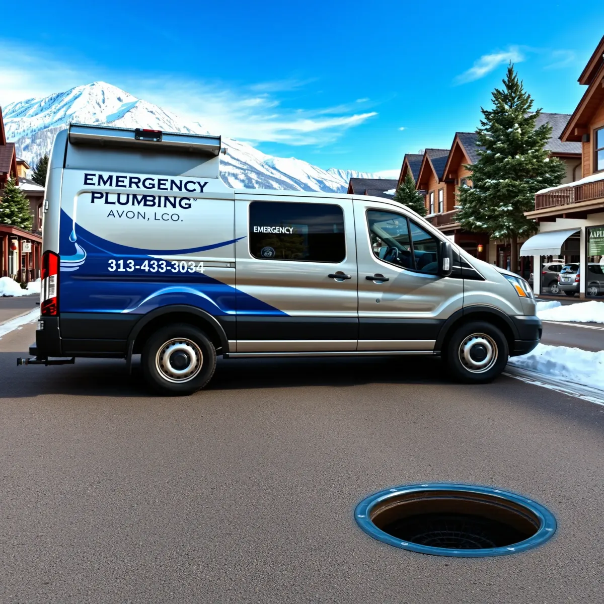 Emergency plumbing truck in Avon, CO with repaired pipe, set against mountain scenery and alpine-style buildings.