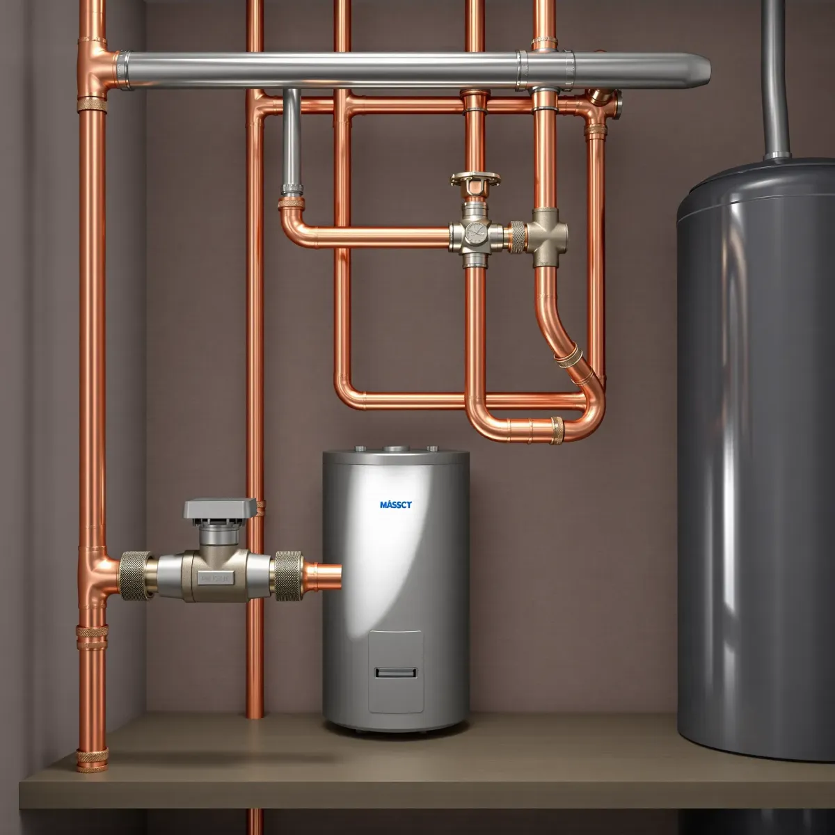 Completed emergency plumbing system in Fairplay, CO with copper pipes, valves, fittings, water heater, and organized tools.
