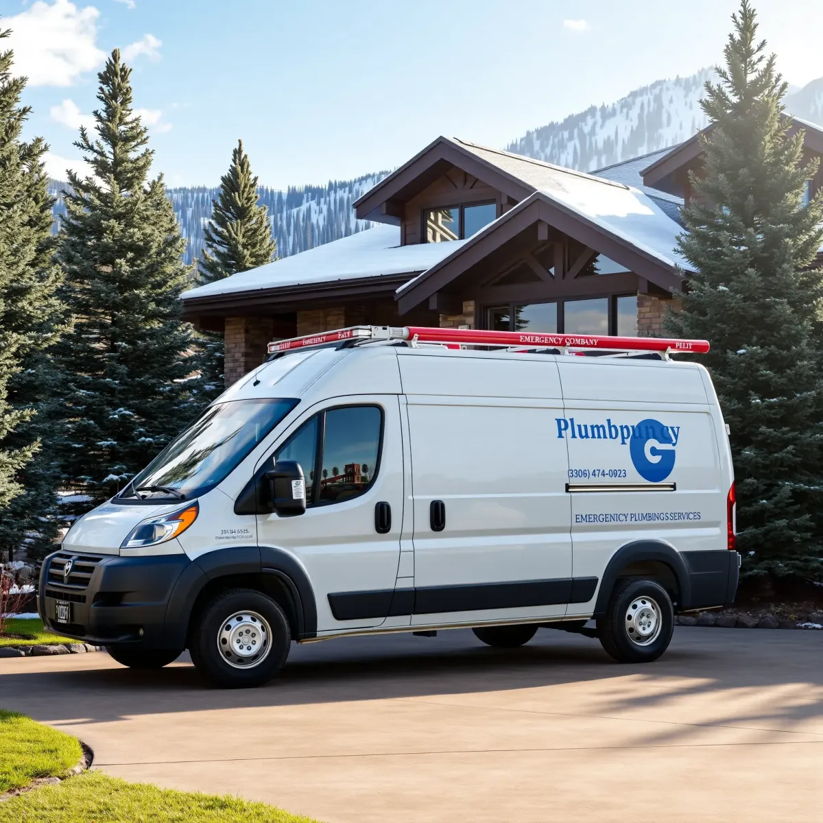 Emergency plumbing van parked outside a modern Colorado home with snowy pine trees and mountain views.