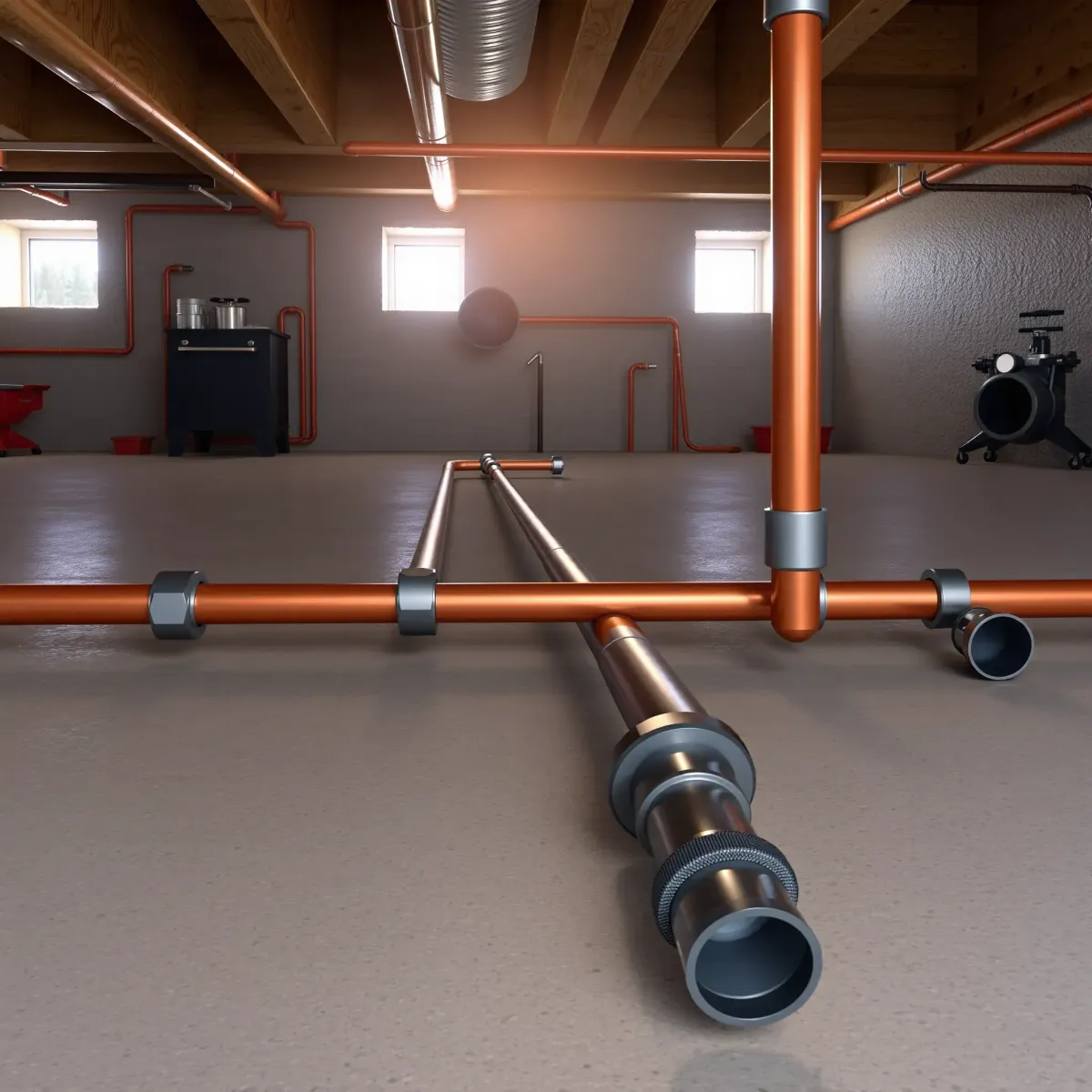 Freshly repaired copper and steel pipes under a modern Breckenridge home in a clean, organized basement.