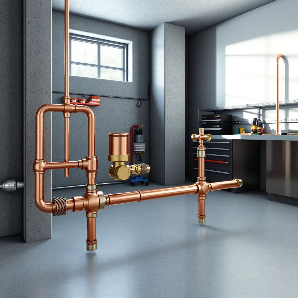 Pristine copper emergency plumbing system in a modern Minturn, CO basement with organized tools and natural lighting.