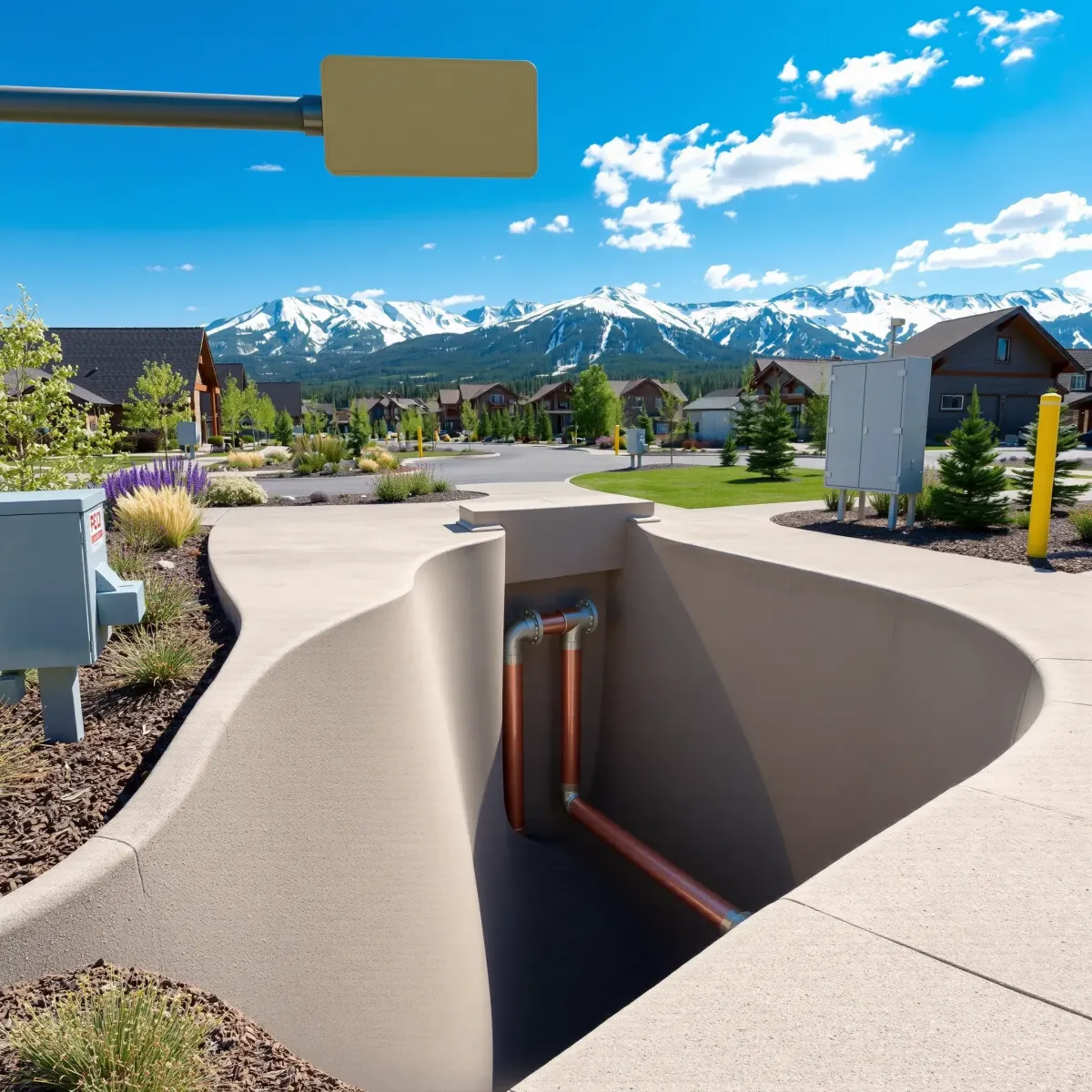 Completed leak repair in Breckenridge, CO, with pristine pipes, mountain scenery, and professional underground utility work.