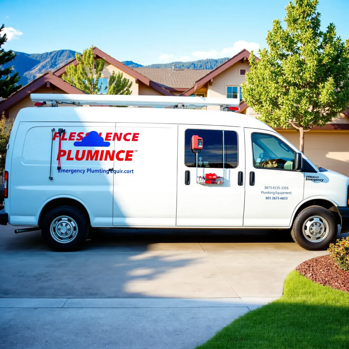 Emergency plumbing van with tools outside a modern home in Dotsero, CO, surrounded by mountain scenery and lush landscaping.