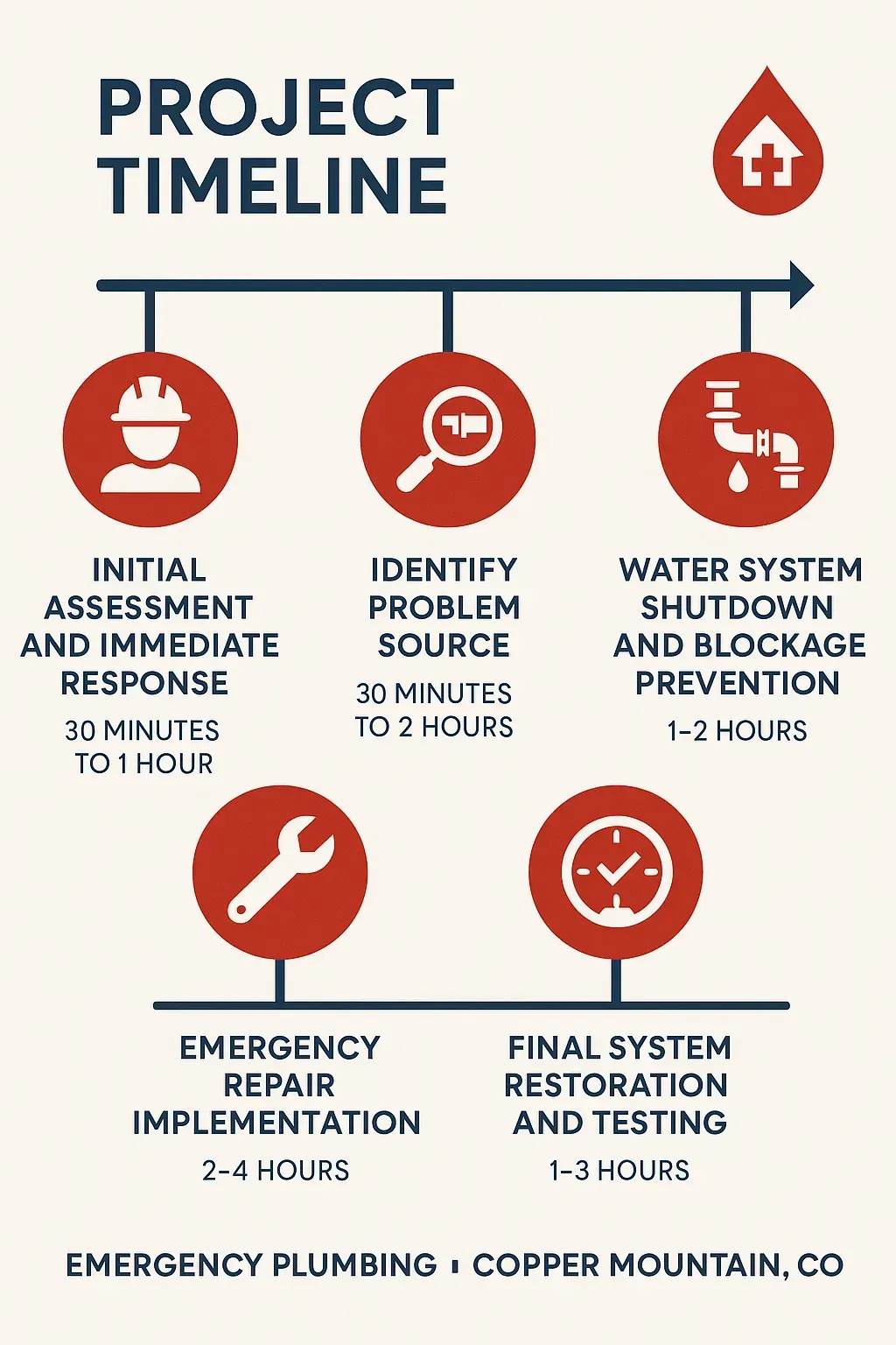 Infographic illustrating 5-step emergency plumbing timeline for Copper Mountain, CO: assessment, repairs, and restoration.