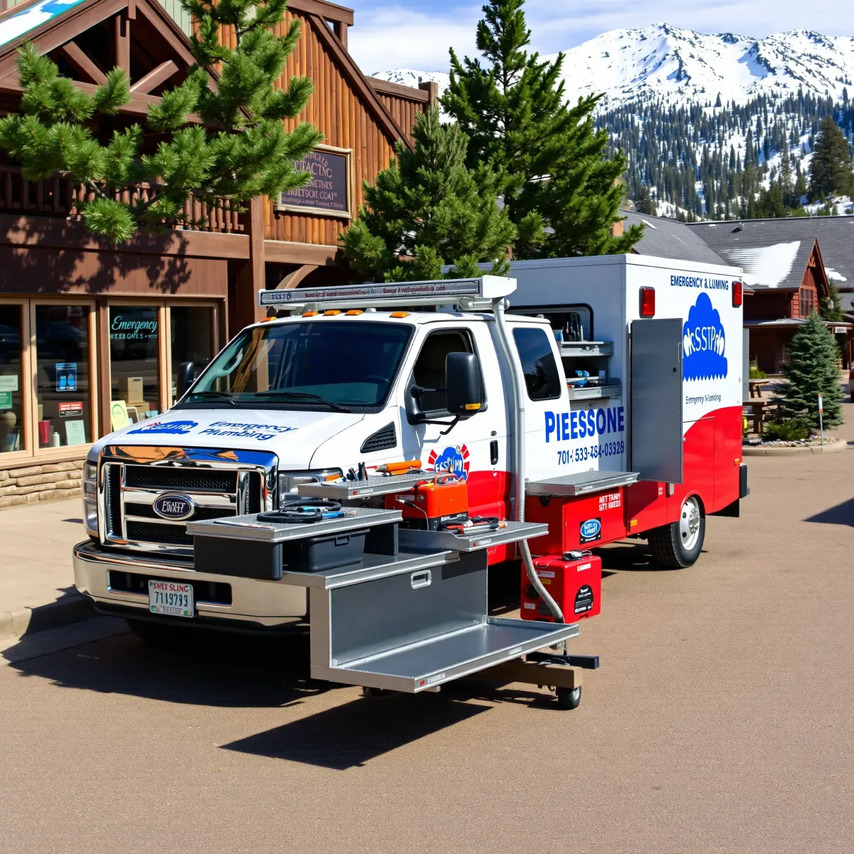 Emergency plumbing truck with organized tools outside a historic Idaho Springs building near snow-capped mountains.